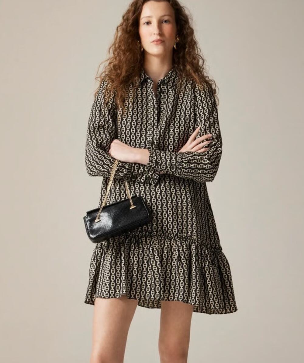J.Crew Amelia Popover Mini Shirt Dress SZ XS Black Tan Chain Print Long Sleeve